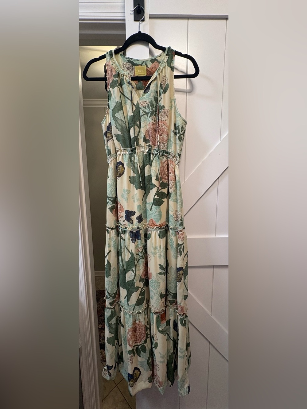 Maeve Floral Tiered Maxi Dress in Cream, Green and Pink - Picture 1 of 3